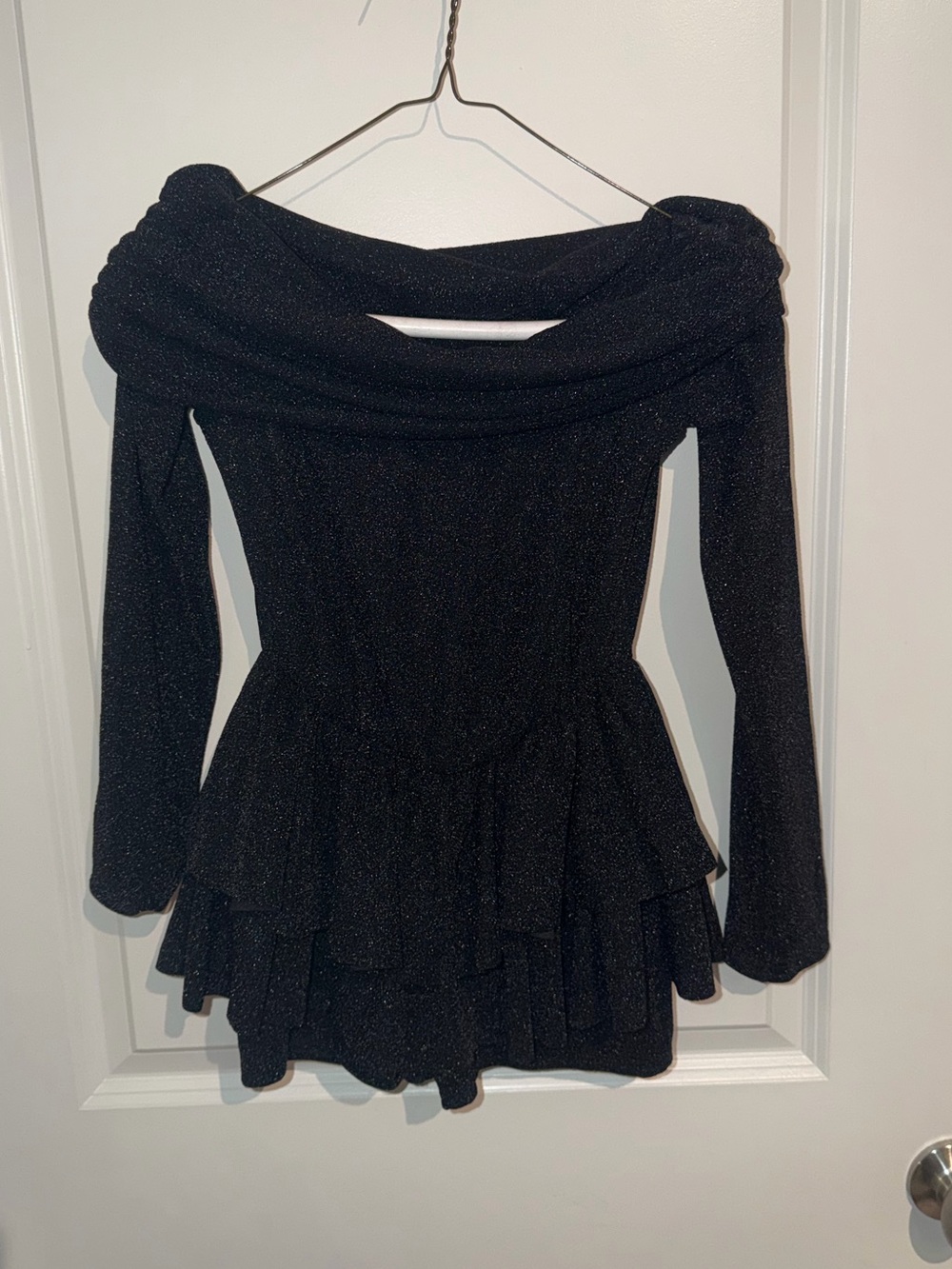 Elegant Off-Shoulder Black Glitter Peplum Dress